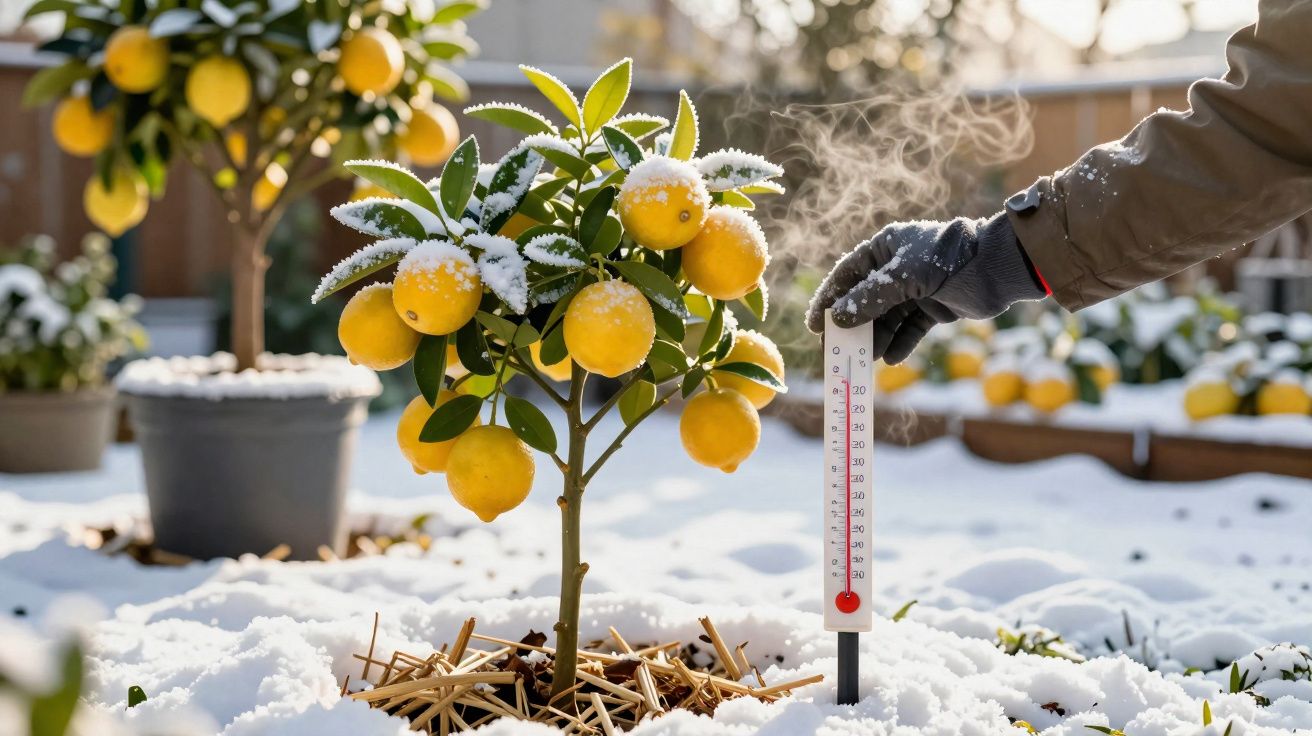 Mão com luva segurando termômetro perto de árvore cítrica com frutas e neve ao redor no jardim.