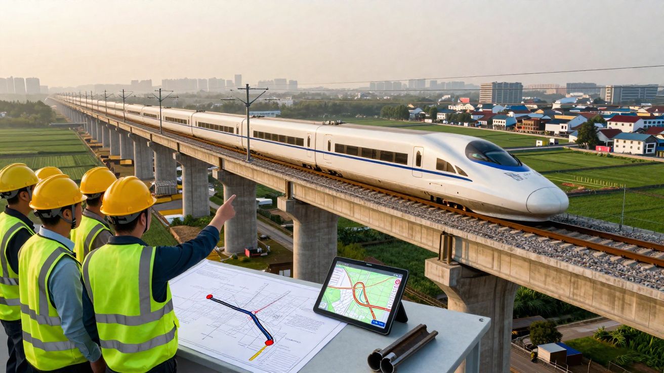 Engenheiros observam trem-bala em estrutura elevada enquanto conferem mapa e projeto da ferrovia.