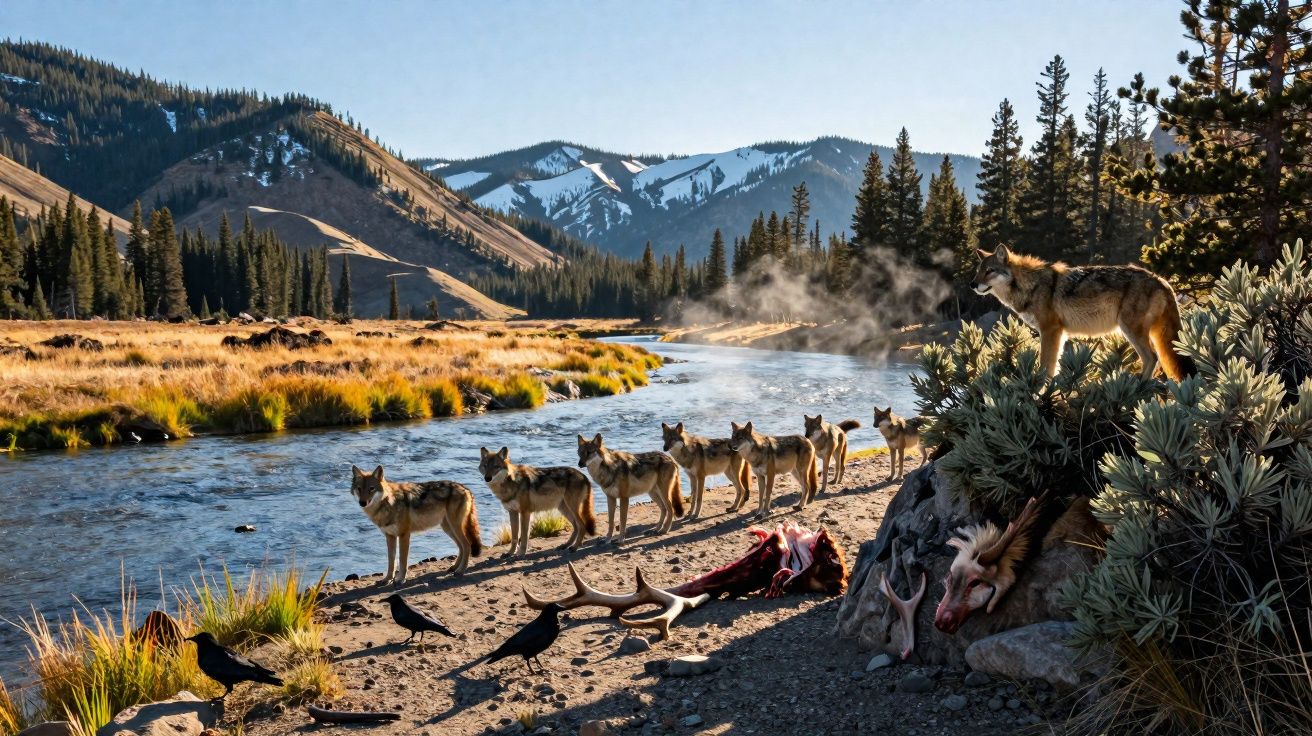 Alcateia de lobos na margem de rio com montanhas ao fundo e restos de caça na areia.