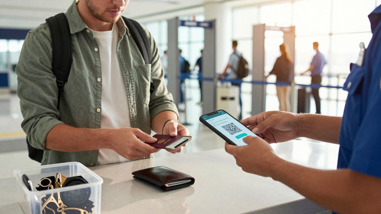 Homem com mochila apresenta passaporte no celular para funcionário que verifica código QR em tela.