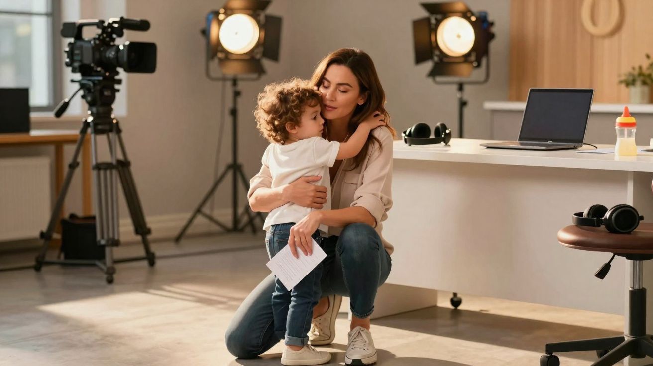 Mulher agachada abraça criança em estúdio com câmera, luzes, mesa e laptop ao fundo.
