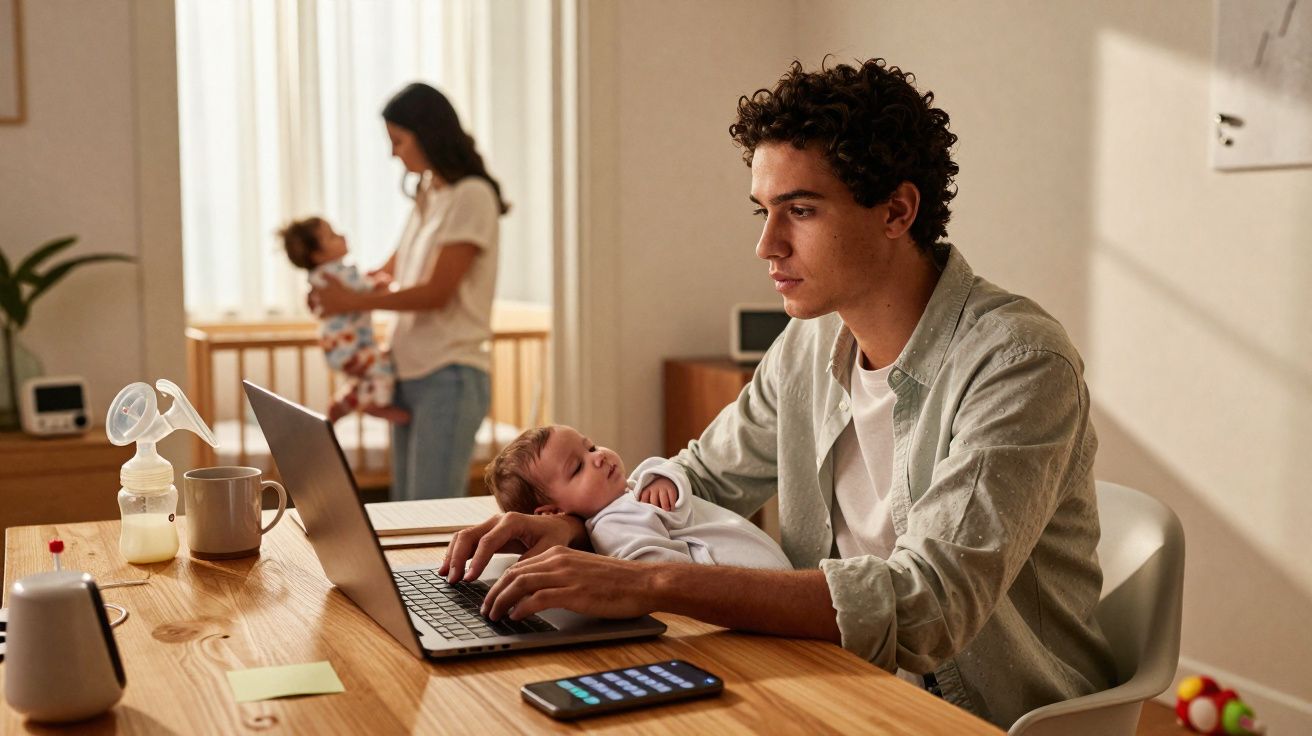 Homem trabalhando no laptop enquanto segura bebê, mulher ao fundo com outra criança no quarto.