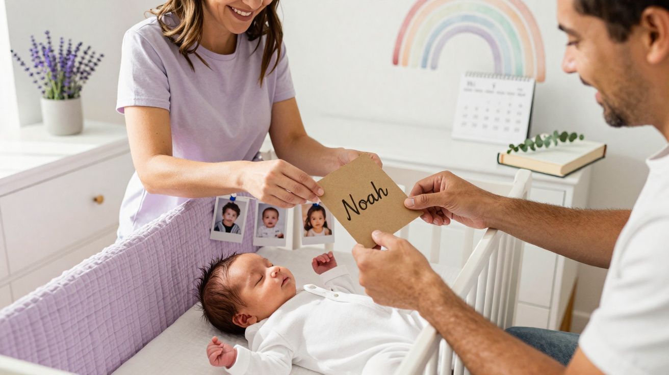 Pais felizes seguram cartão com nome Noah enquanto olham para bebê no berço.