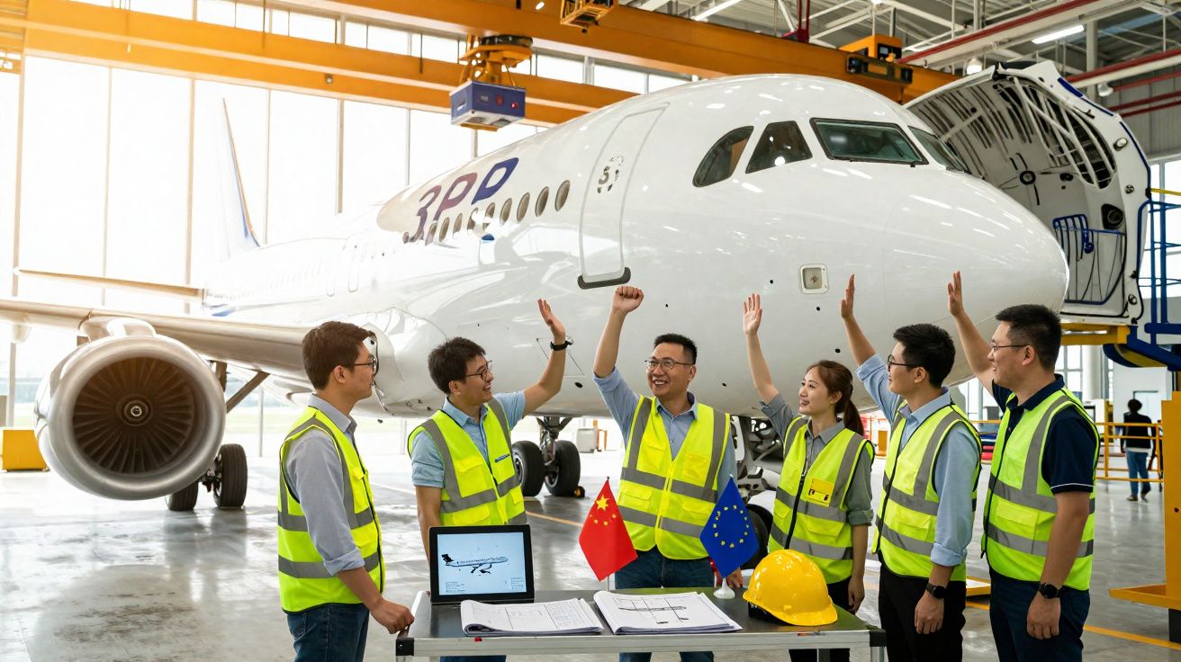 Equipe de engenheiros em coletes refletivos comemorando em hangar com avião ao fundo e mesa com documentos.