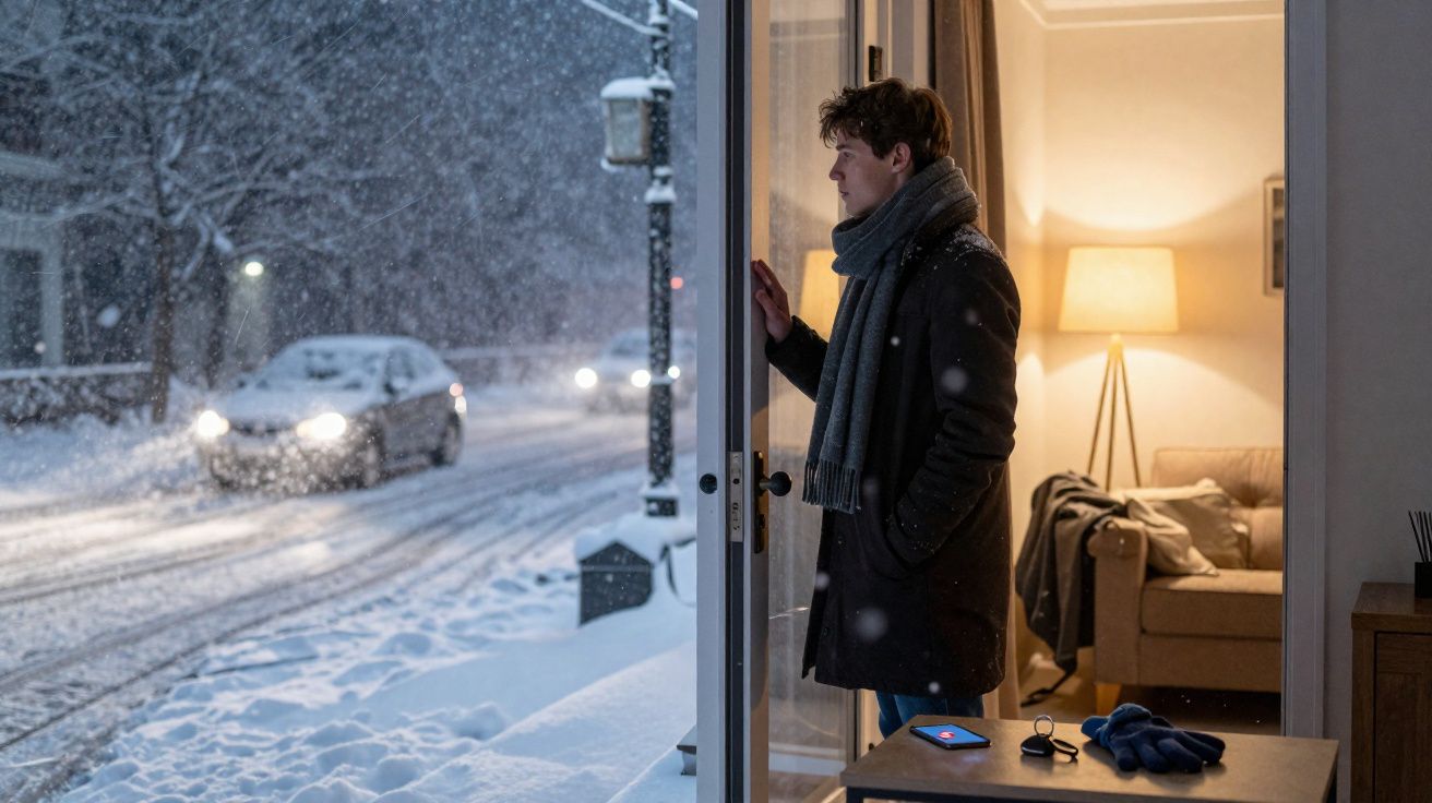 Homem com cachecol e casaco observa a neve do lado de dentro de uma porta aberta em uma noite fria.