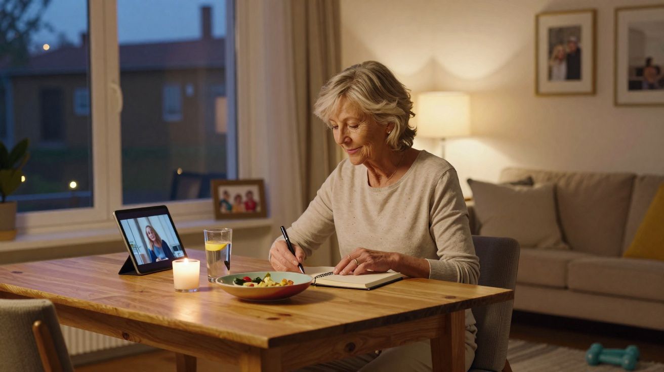 Mulher idosa escreve em caderno durante chamada de vídeo à noite, com prato, vela e copo na mesa.