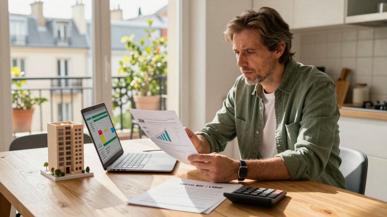 Homem analisando documentos financeiros com laptop e calculadora em mesa de madeira na cozinha.