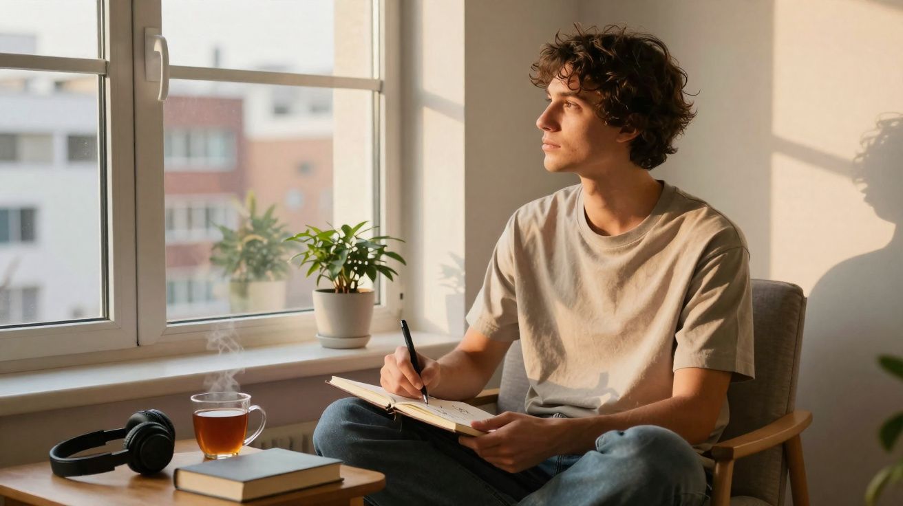 Jovem sentado escrevendo em caderno junto à janela com xícara de chá, fones e livros sobre mesa.