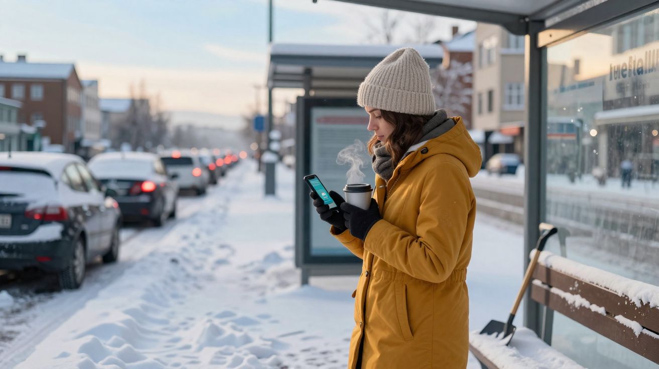Mulher vestindo casaco amarelo e touca segura café quente enquanto usa celular em ponto de ônibus nevado.