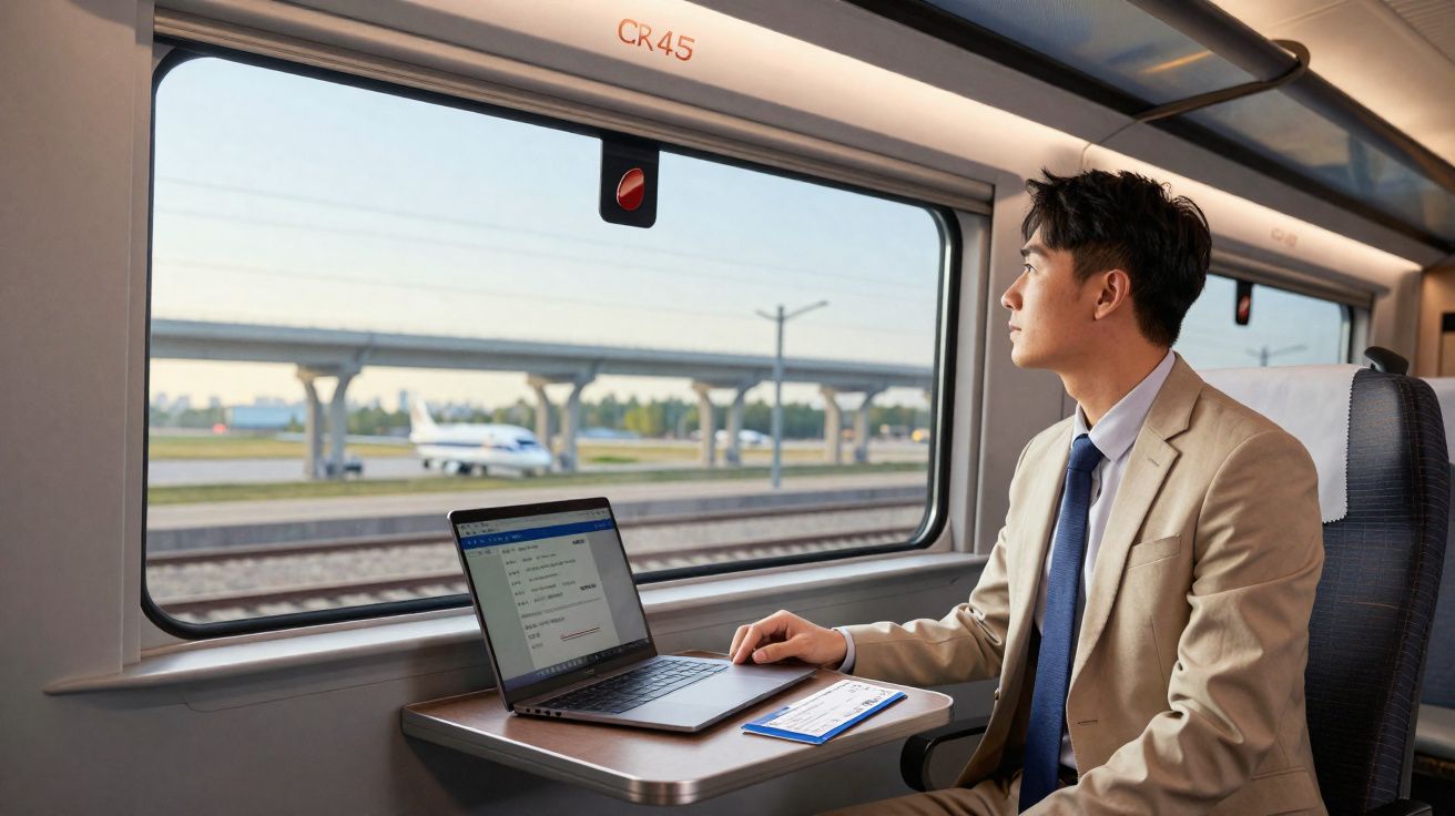 Homem de terno trabalhando em laptop enquanto olha pela janela de trem em movimento próximo a aeroporto.