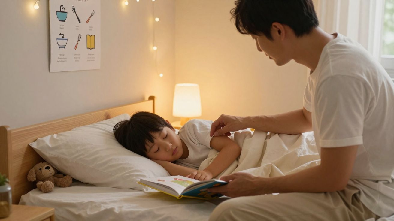 Pai lendo livro para filho dormir em cama com abajur e luzes decorativas acesas no quarto.