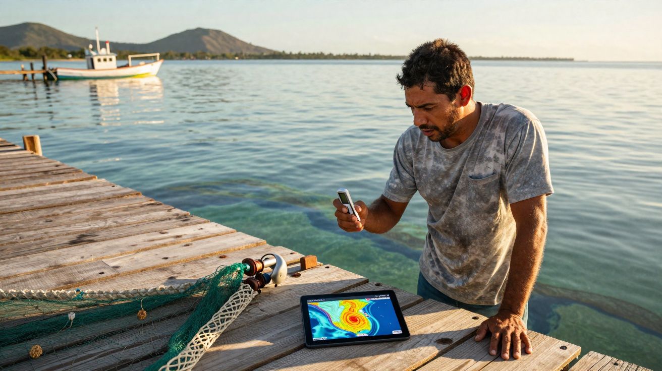 Homem em cais segurando celular com tablet exibindo mapa marítimo, barco e montanhas ao fundo.