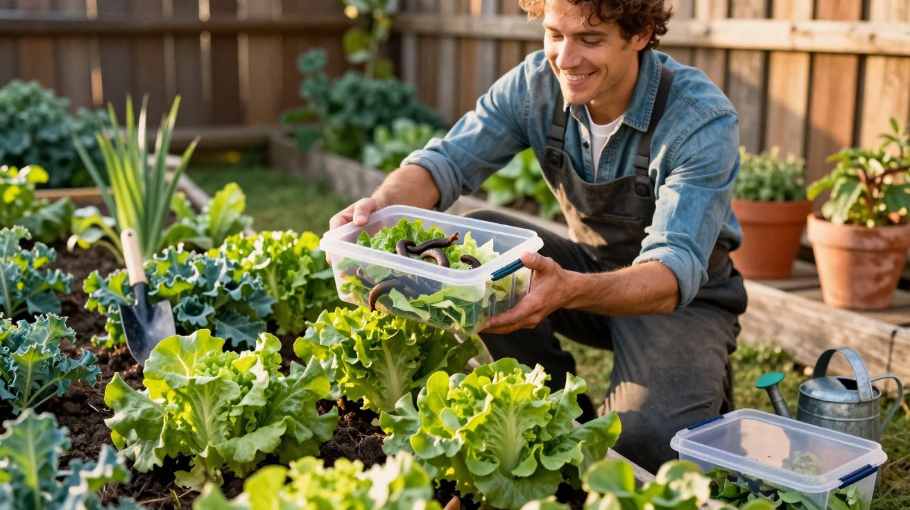 Homem colhendo verduras em horta caseira, segurando recipiente com minhocas para plantações sustentáveis.