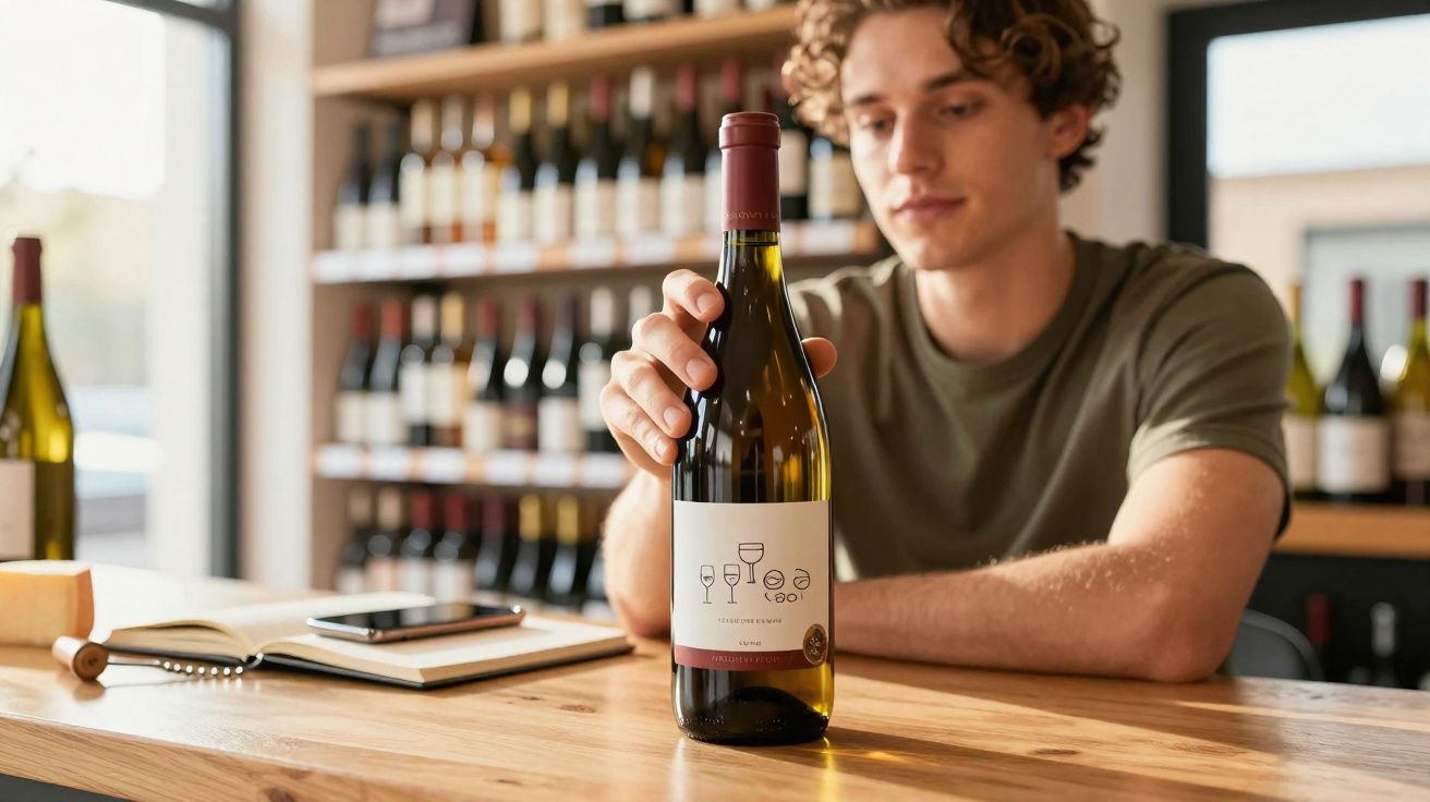 Jovem em loja de vinhos segurando uma garrafa de vinho tinto com prateleiras de vinhos ao fundo.