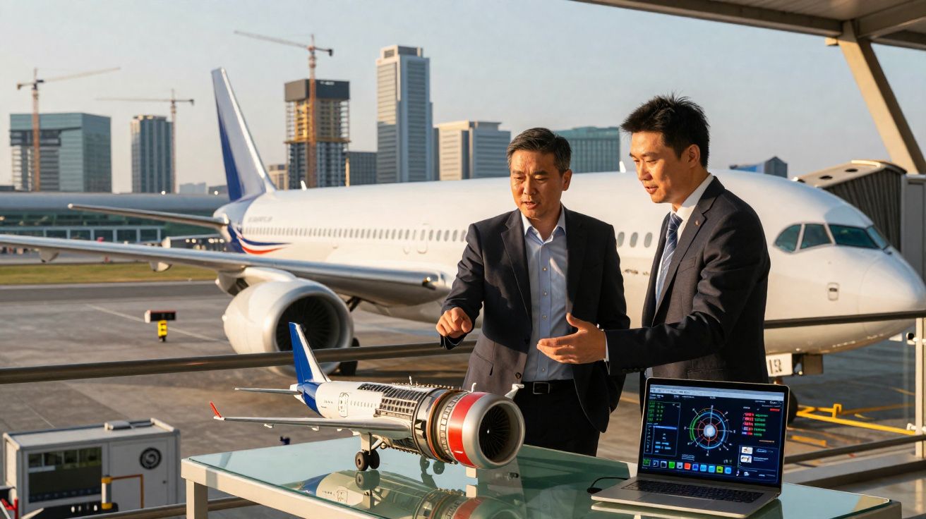 Dois homens em terno discutem modelo de avião e dados em laptop em aeroporto com avião grande ao fundo.