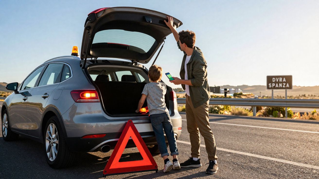 Pai e filho ao lado de carro parado com o porta-malas aberto e triângulo de sinalização na estrada.