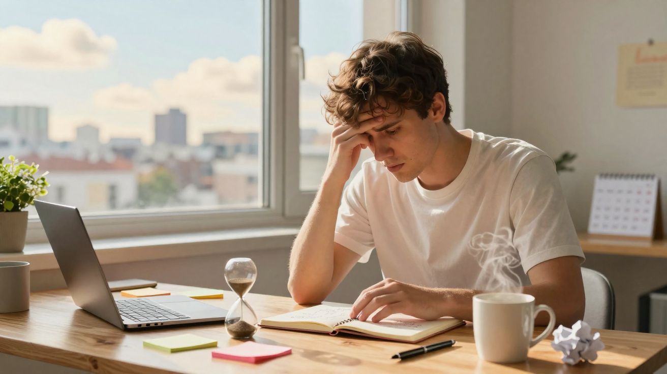 Jovem preocupado estudando em mesa com notebook, livro, ampulheta e xícara de café fumegante.