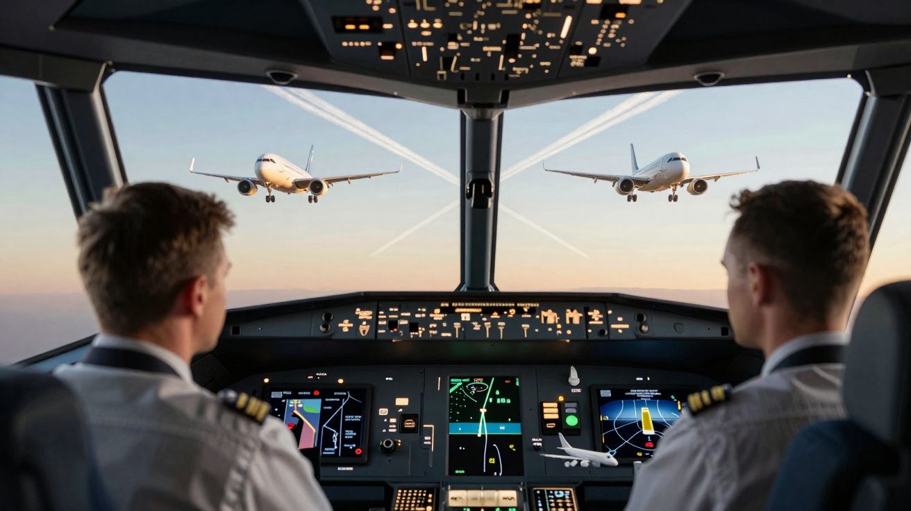 Dois pilotos dentro da cabine de comando observando dois aviões se aproximando para pouso ao entardecer.