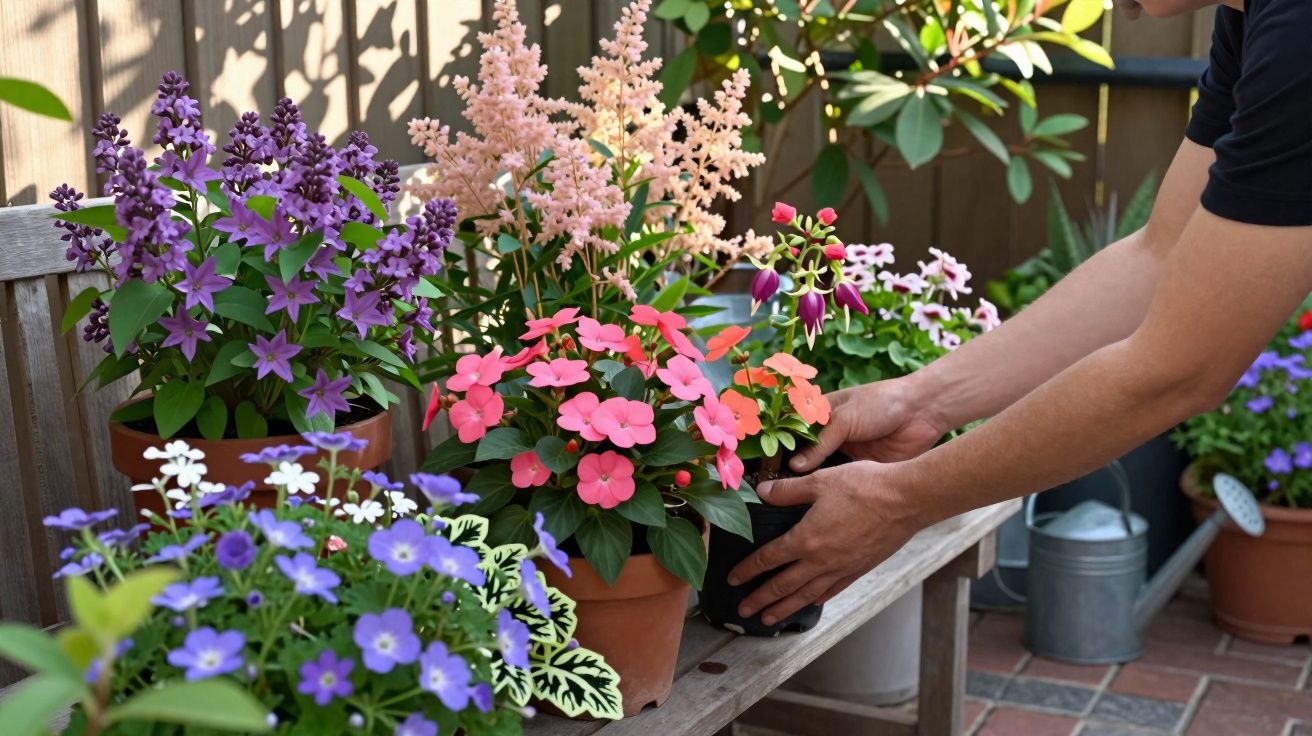 Pessoa cuidando de vasos com flores coloridas em um banco de madeira em jardim ensolarado.