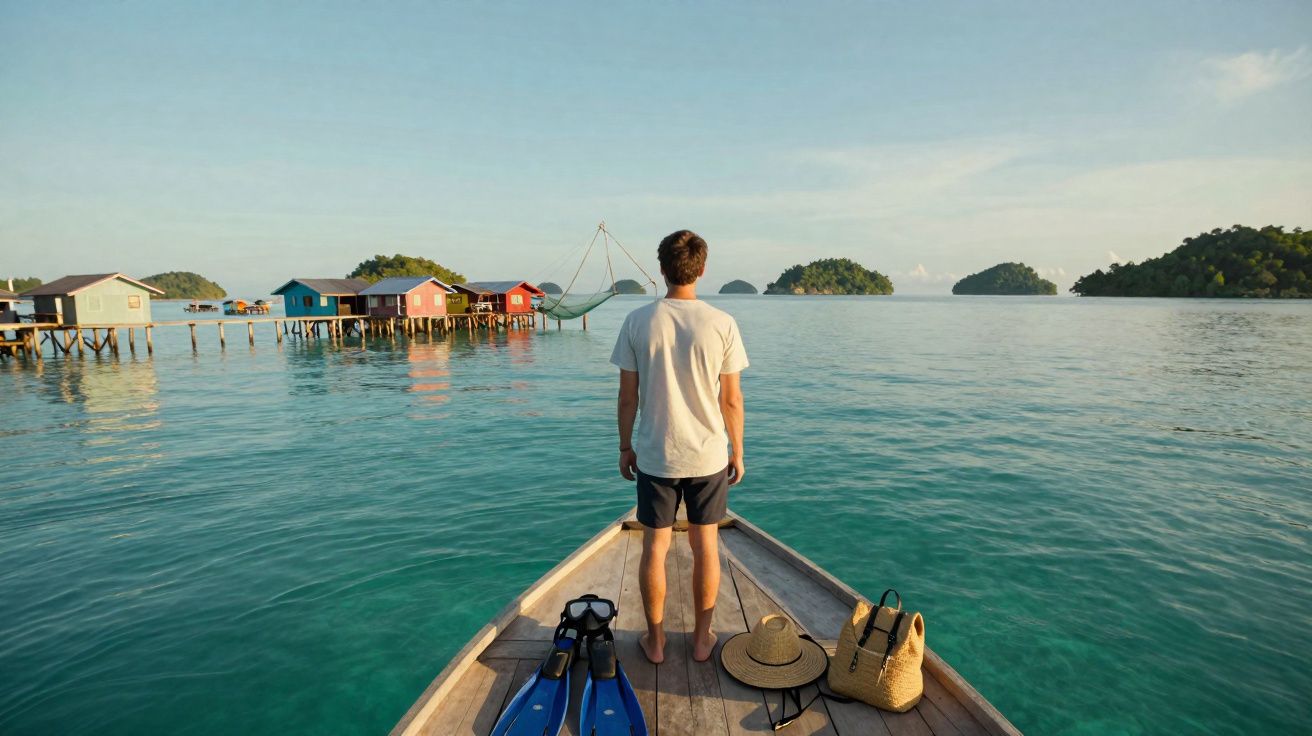 Homem de branco em barco olhando para casas sobre palafitas e ilhas ao longe em mar calmo.