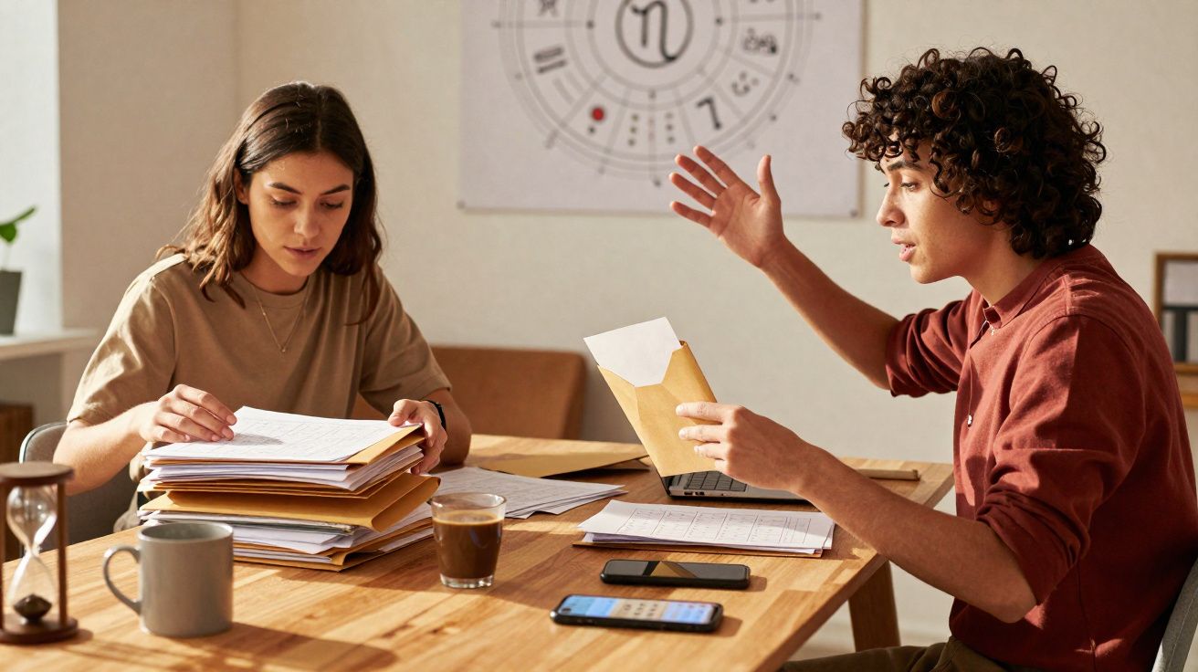 Jovem mulher e homem sentados à mesa com papéis e envelopes, em discussão ou organização de documentos.