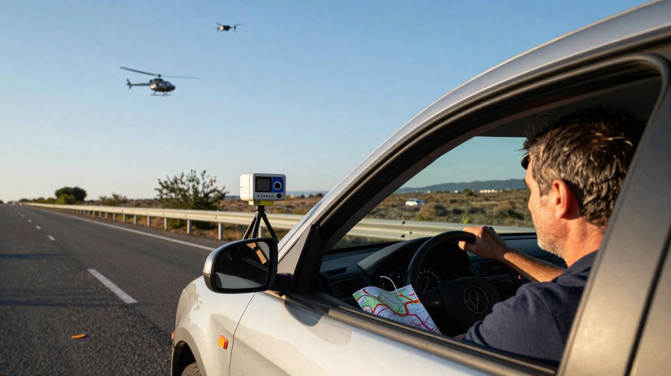 Homem dirige carro com câmera na porta enquanto helicópteros voam em estrada sob céu azul.