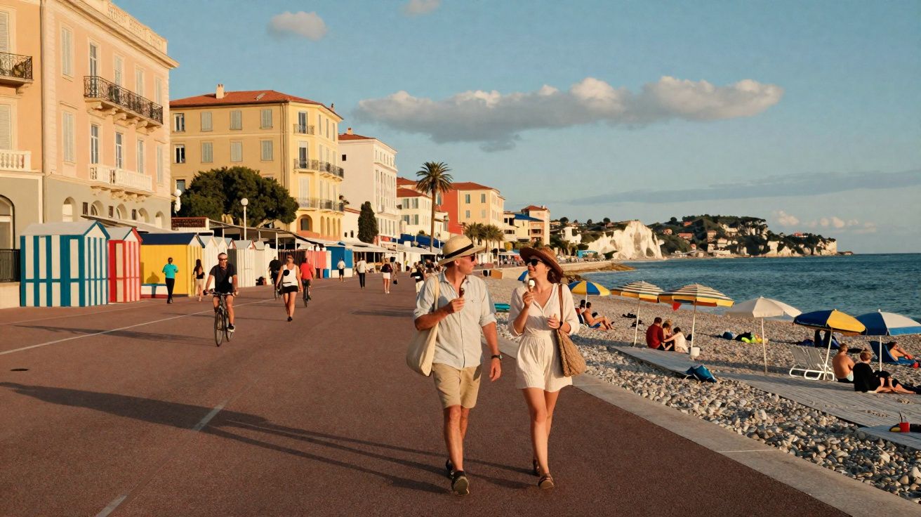 Casal caminhando e tomando sorvete à beira-mar em um calçadão com guarda-sóis e prédios ao fundo.