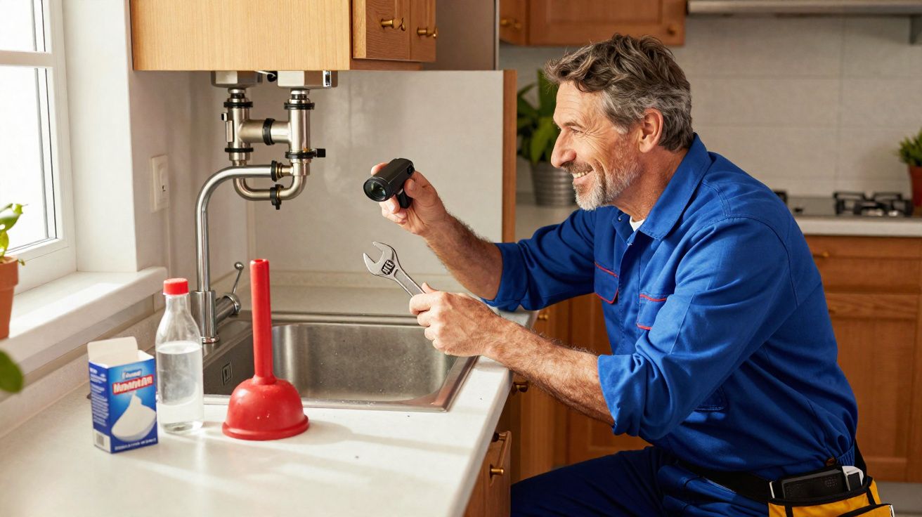 Homem com macacão azul conserta pia com chave inglesa e lanterna em cozinha iluminada.