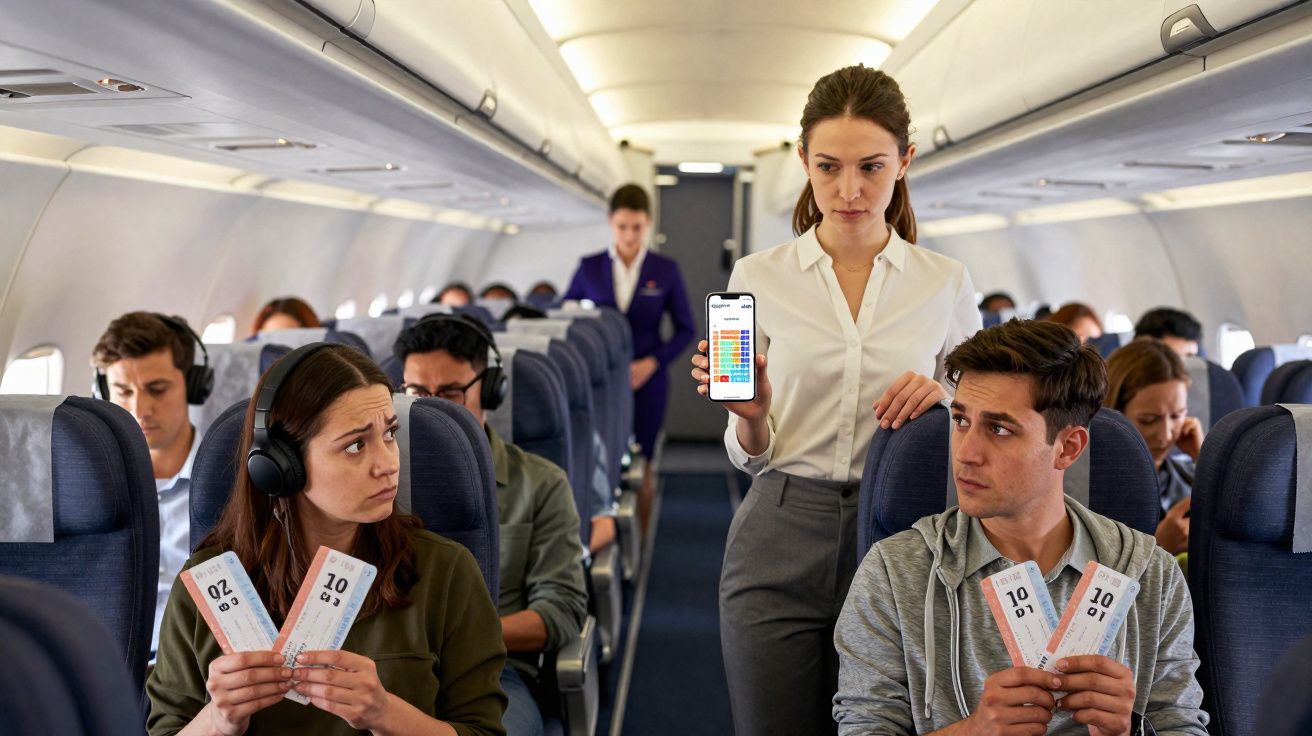 Comissária de bordo mostrando assentos no celular para passageiros segurando cartões de embarque em avião.