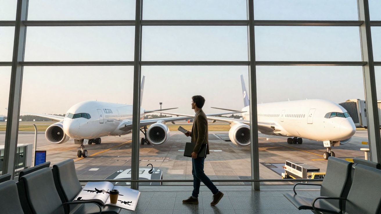 Homem caminha no terminal do aeroporto com duas aeronaves grandes estacionadas do lado de fora.