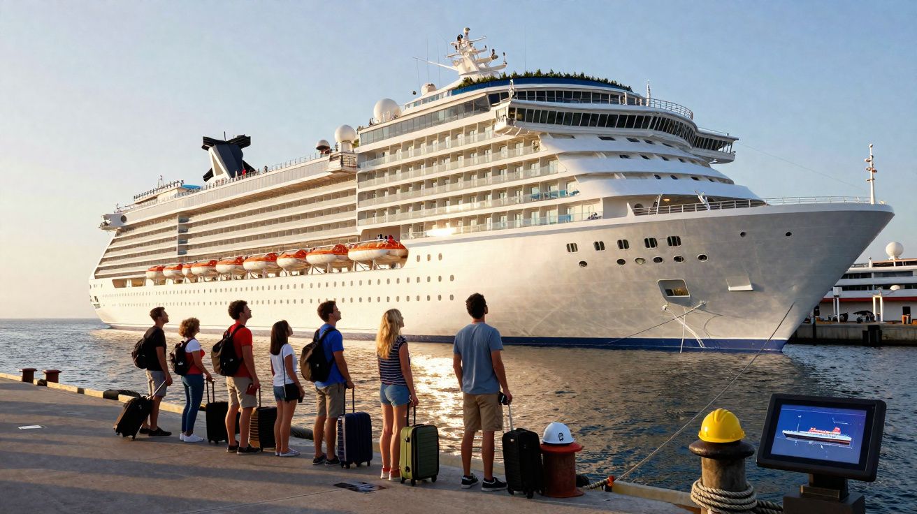 Grupo de pessoas com malas aguardando o embarque próximo a um grande navio de cruzeiro no porto ao entardecer.