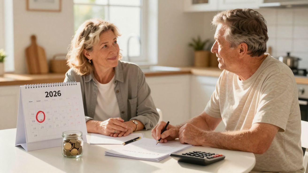 Casal sênior conversando na cozinha com calendário de 2026 e documentos sobre a mesa.