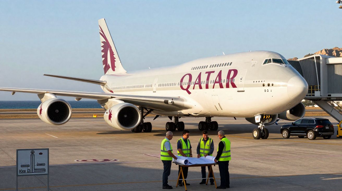 Avião da Qatar parado no aeroporto com quatro funcionários em coletes refletivos analisando plantas.