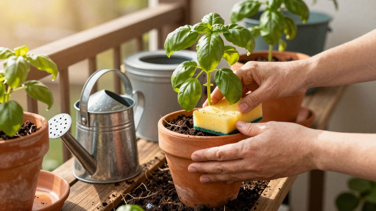 Mãos cuidando de planta de manjericão em vaso de barro, limpando a terra com uma esponja amarela.