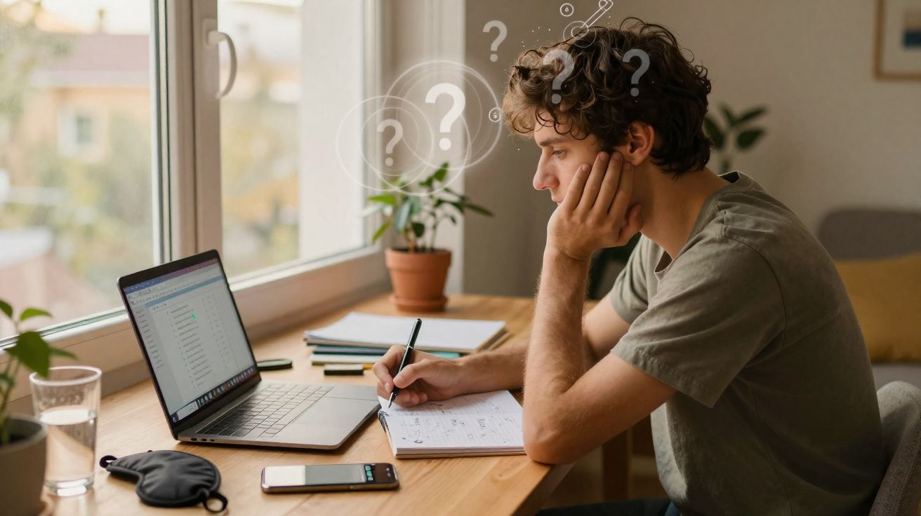 Jovem olhando para laptop com expressão pensativa e pontos de interrogação ao redor da cabeça em mesa com caderno.