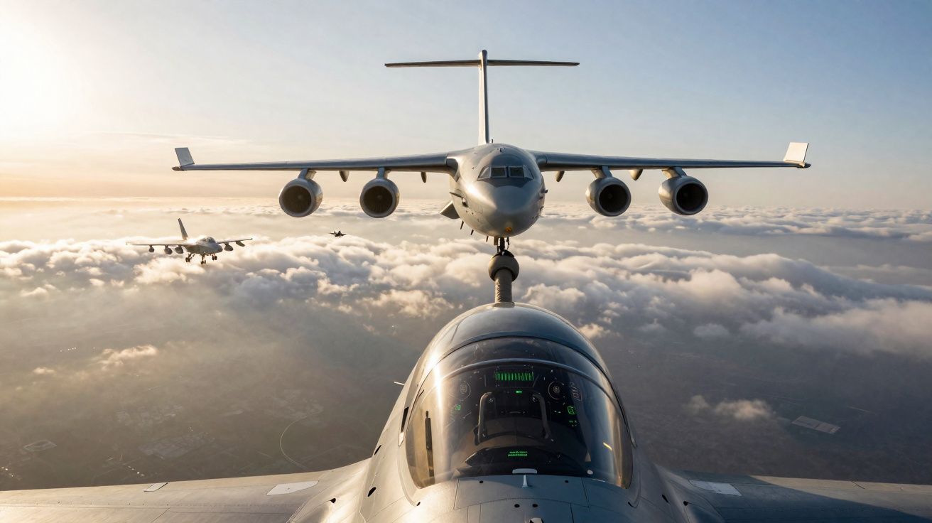 Caça militar reabastecendo no ar por avião-tanque durante voo acima das nuvens.