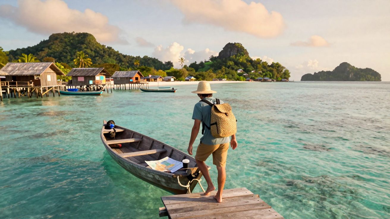 Pessoa com chapéu e mochila entrando em barco em água cristalina perto de casas sobre palafitas e ilhas ao fundo.