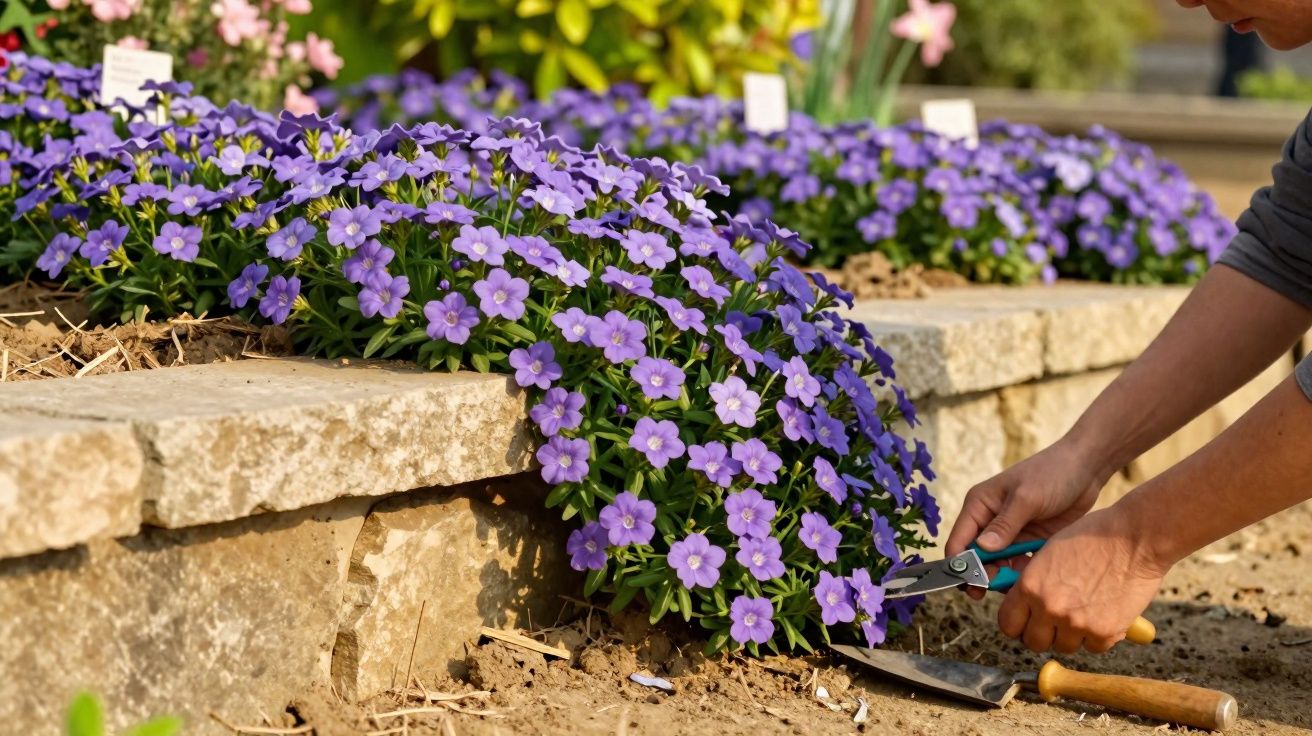 Pessoa cuidando de jardim com flores roxas e ferramenta de jardinagem, próximo a muro de pedra.