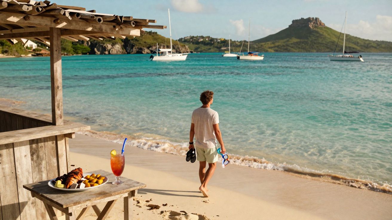 Homem caminhando na praia com chuteiras na mão, mesas com comida e barcos no mar azul turquesa.