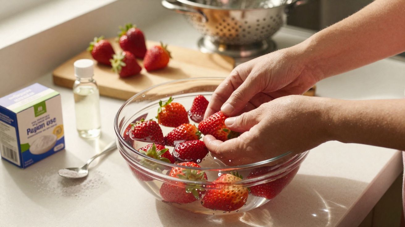 Mãos lavando morangos em uma tigela transparente com água numa bancada com luz natural.