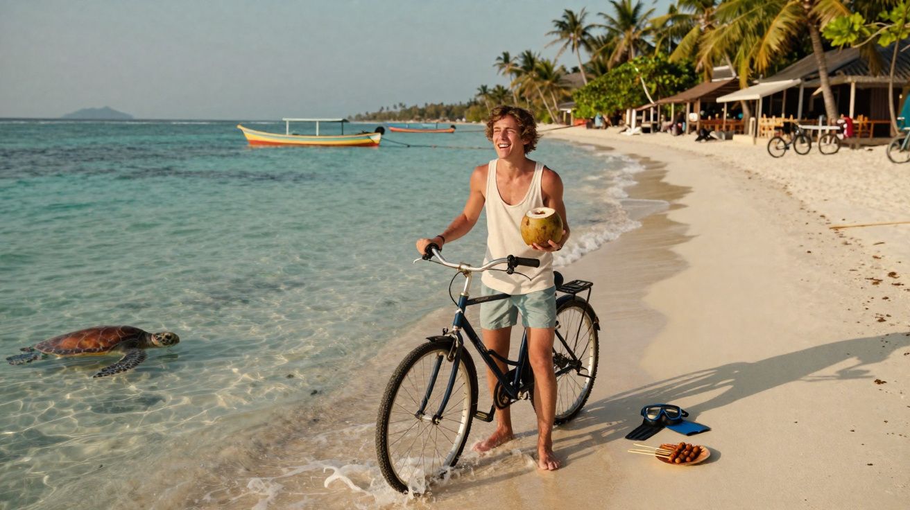 Jovem de bermuda e regata empurrando bicicleta na praia com coco na mão e tartaruga no mar transparente.