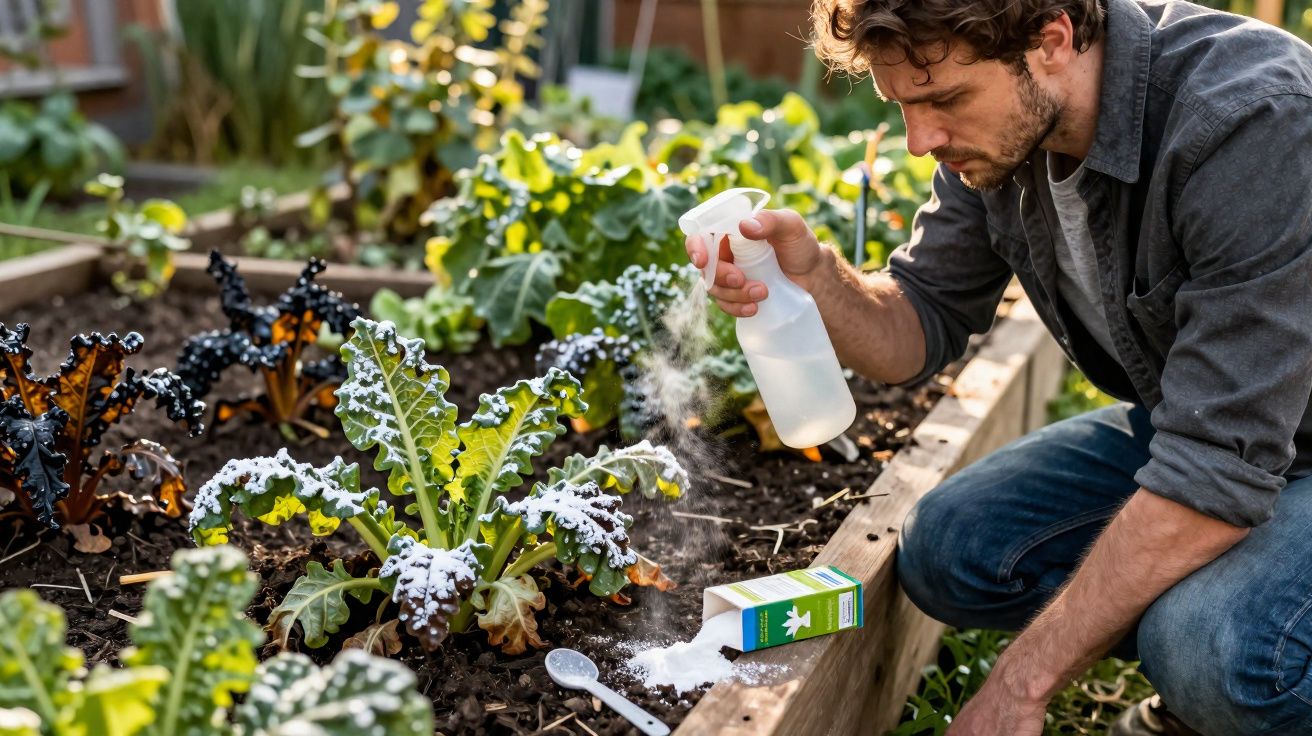 Homem regando plantas com pulverizador em jardim de canteiro elevado durante o dia.