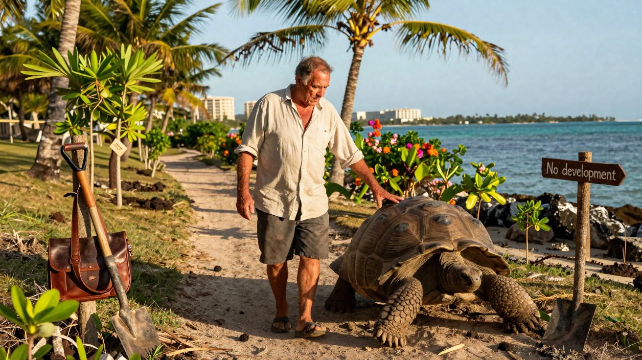 Homem caminha ao lado de uma tartaruga gigante em trilha à beira-mar com árvores e placas de madeira.