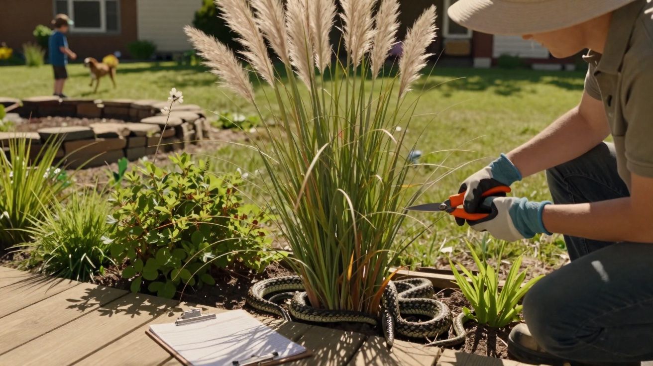 Pessoa com chapéu e luvas aparando planta próxima a cobra enrolada em jardim, crianças e cachorro ao fundo.