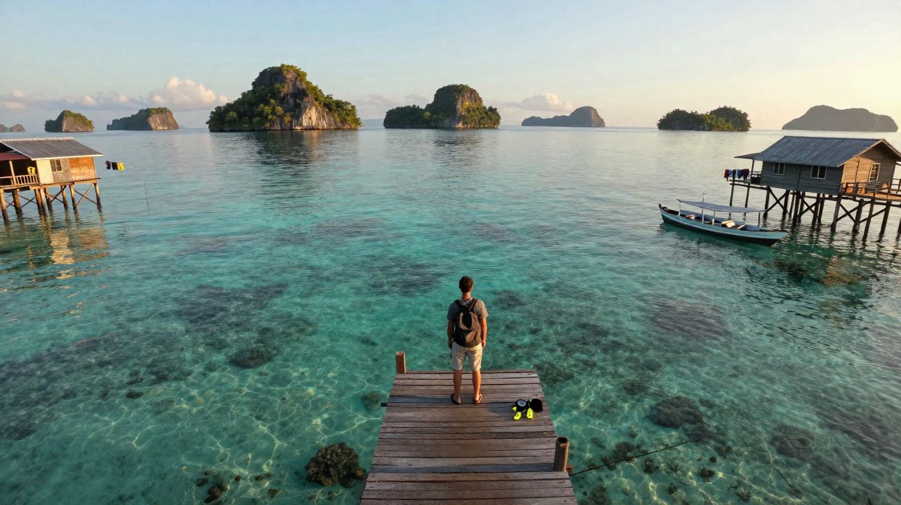 Homem de costas em cais de madeira olhando para ilhas rochosas em mar cristalino ao entardecer.
