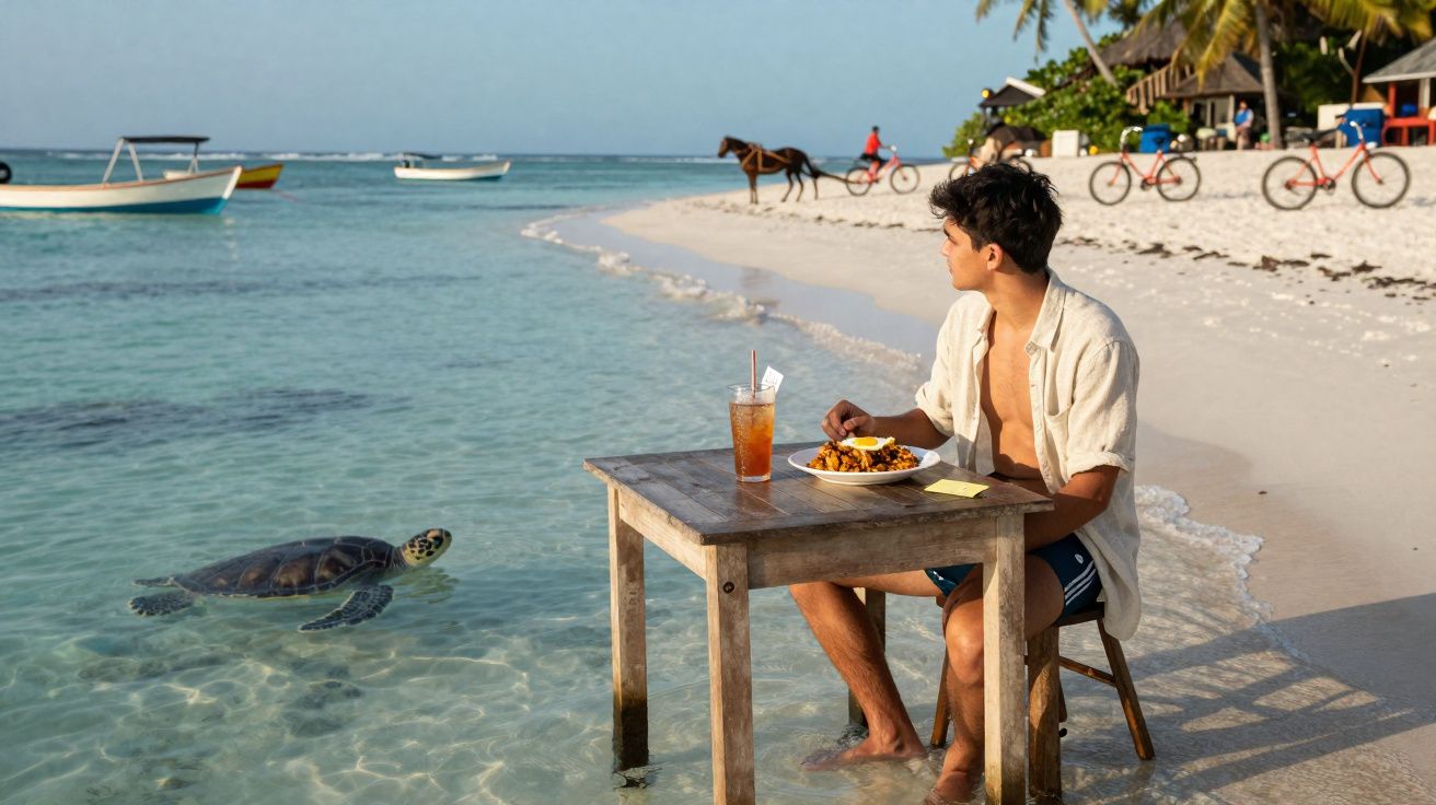 Jovem sentado à mesa na praia olhando uma tartaruga nadando em água cristalina, com barcos ao fundo.