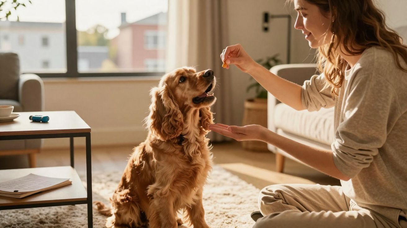 Mulher sorrindo alimenta cão sentado em sala iluminada, com tapete claro e móveis modernos.