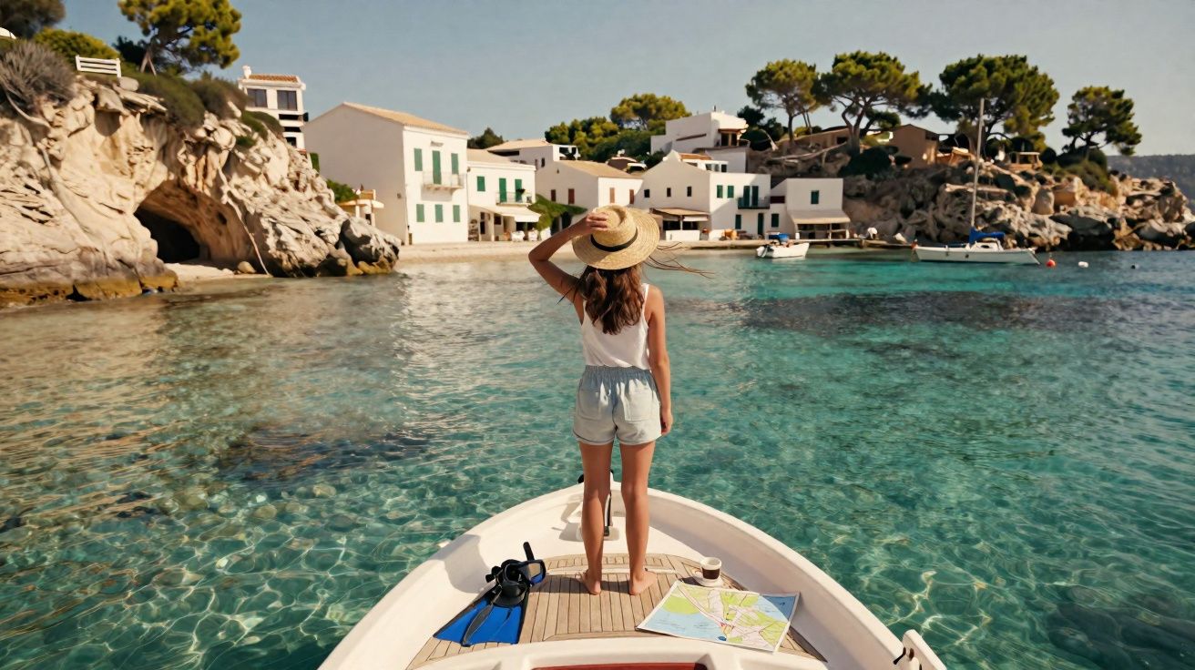 Mulher de chapéu em barco observa casas brancas à beira de águas cristalinas e rochas na costa.