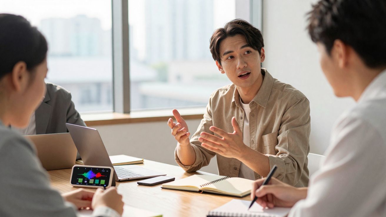 Jovem falando e gesticulando durante reunião com colegas em sala iluminada por janela grande.