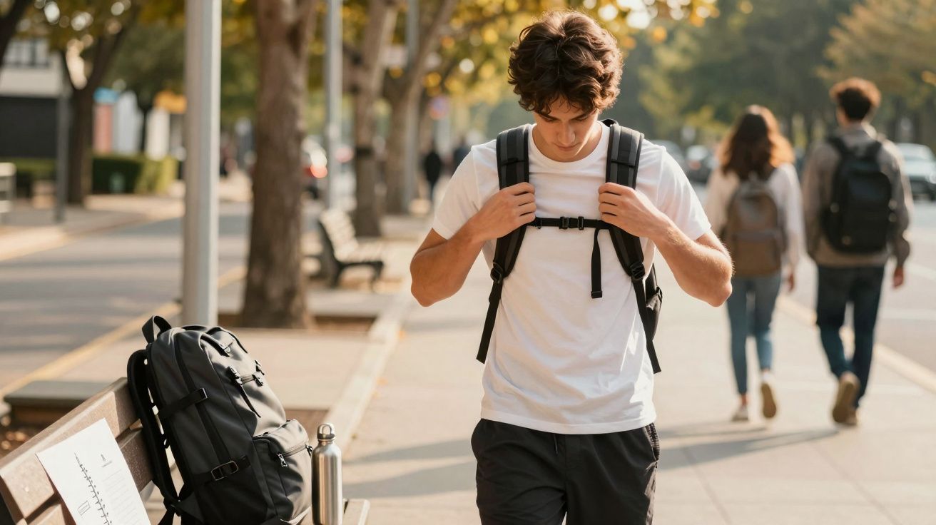 Jovem ajustando mochila enquanto caminha em calçada de parque urbano com árvores e pessoas ao fundo.